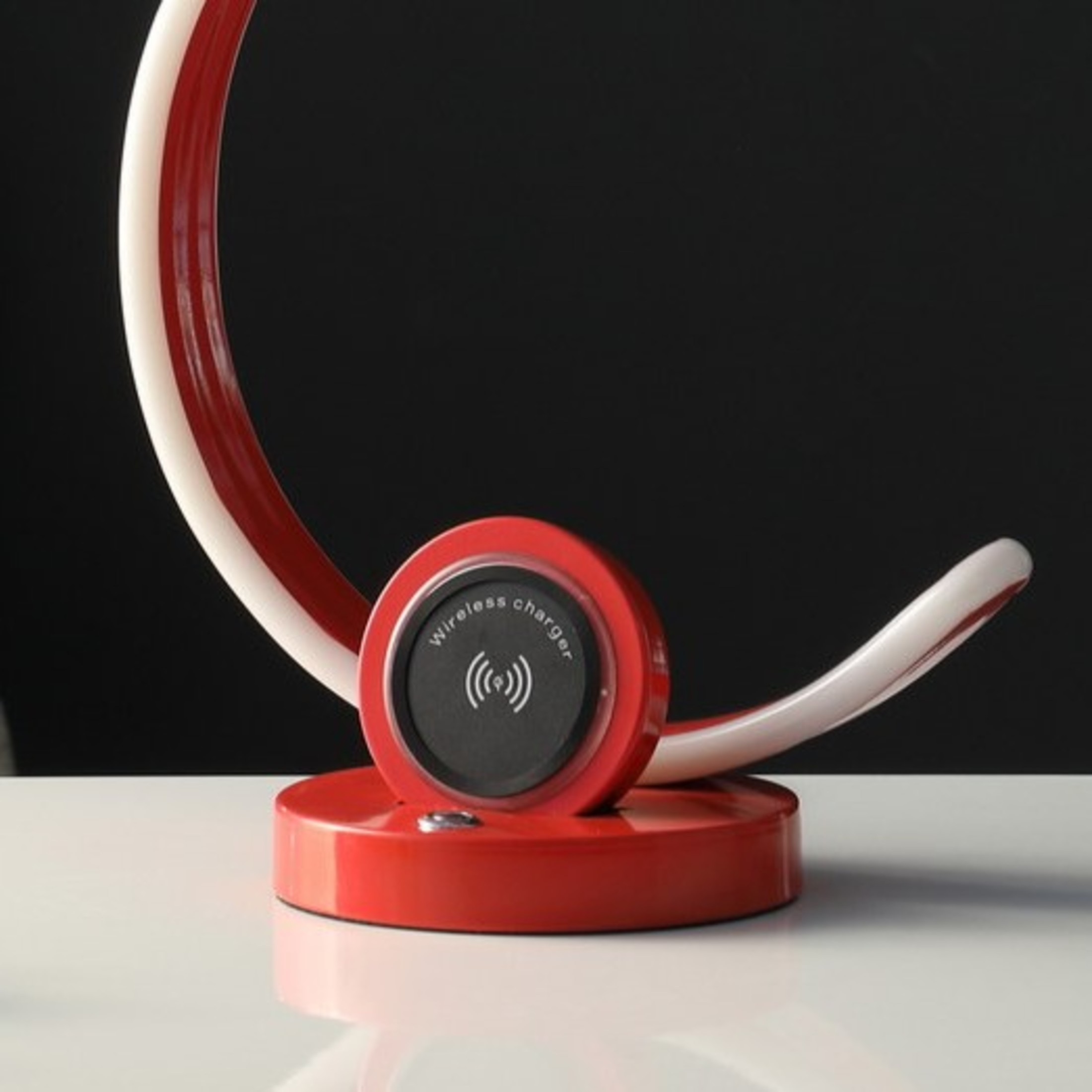Noble House 13.25" Modern C-Shape LED Metal Table Lamp, Touch Dimmer, USB and Wireless Charger, Bright Red