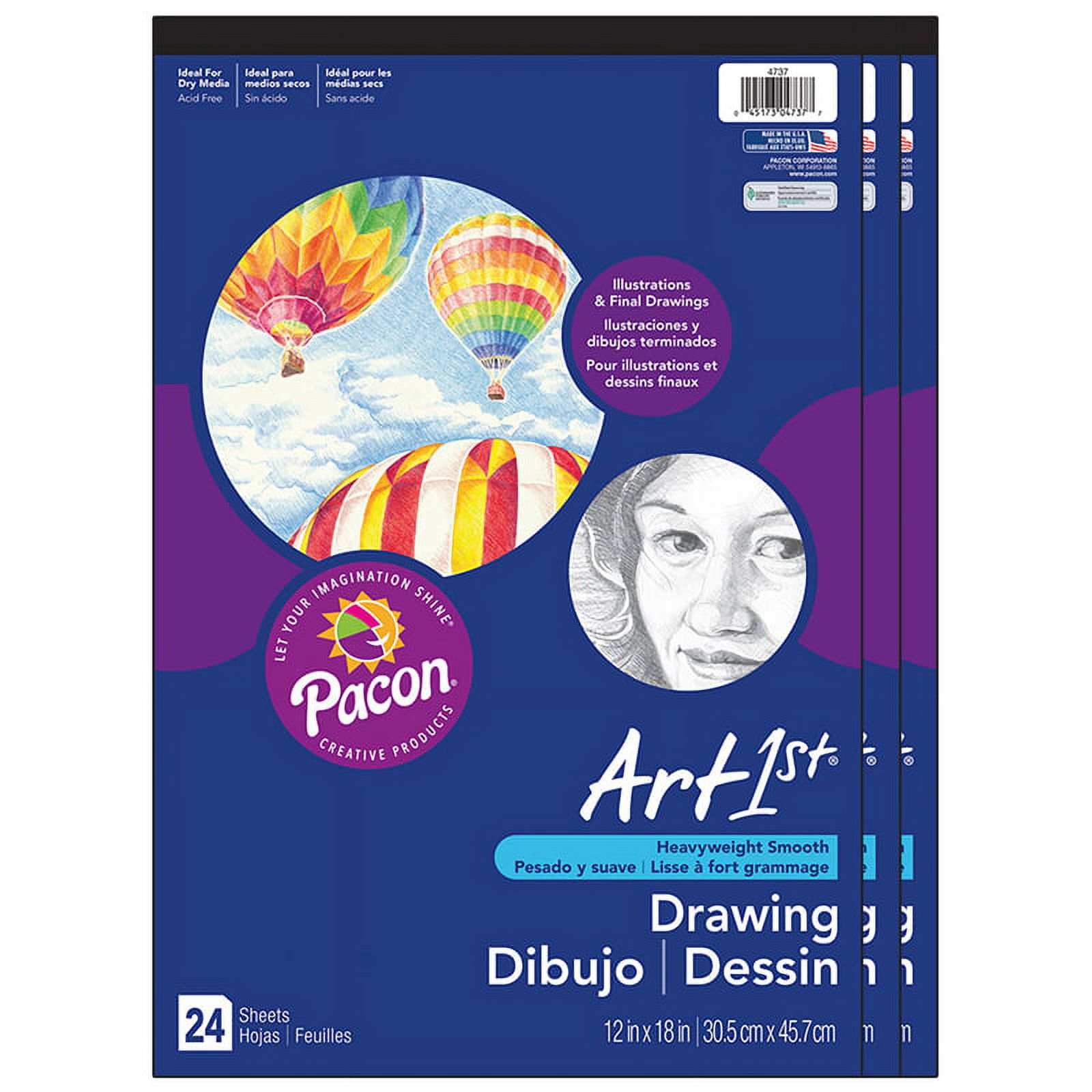 Art1st® Drawing Pad, 12" x 18", White - 24 sheets per pad, 3 pads total