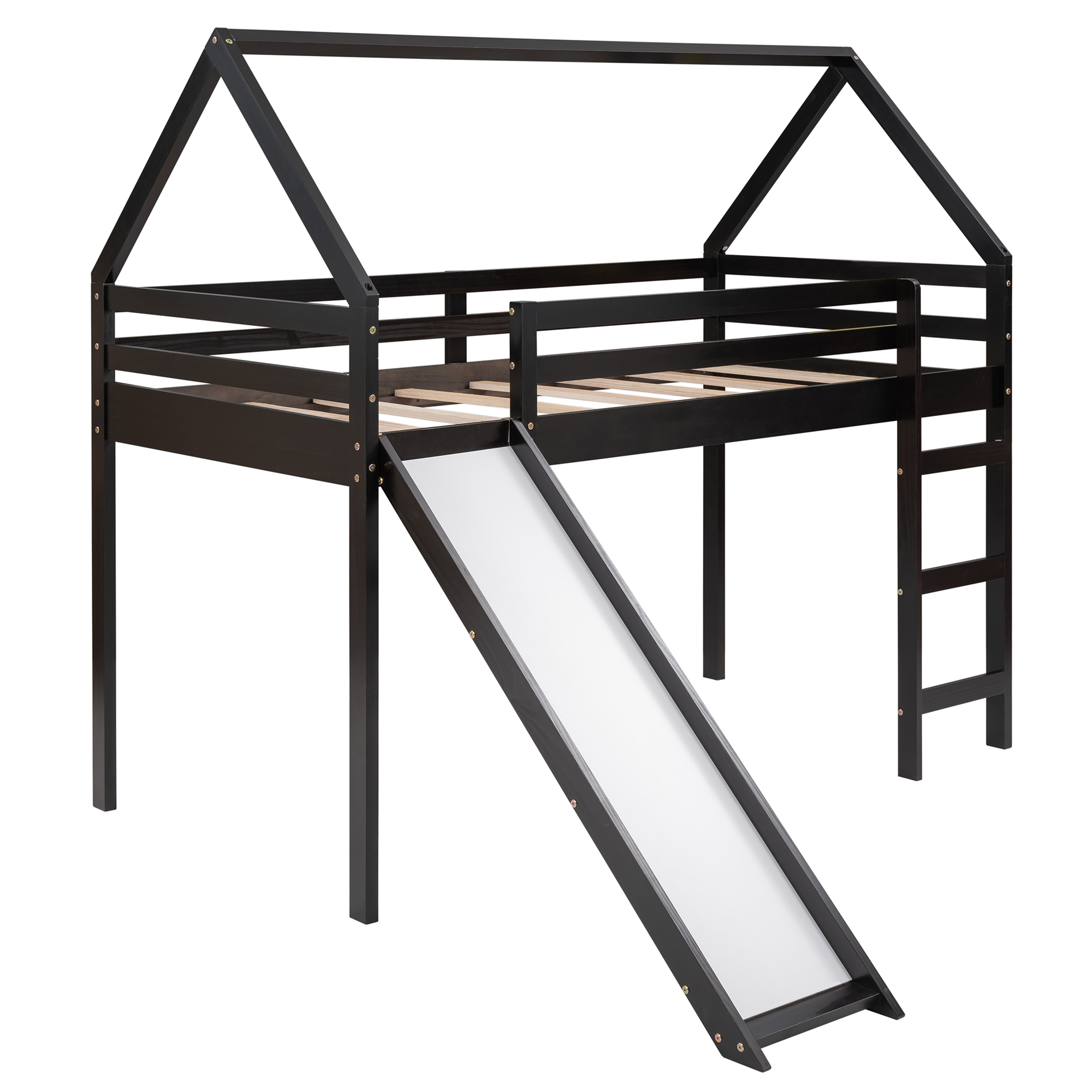 Soild Wood Twin Size Loft Bed, Low House Bed with Slide, No Box Spring