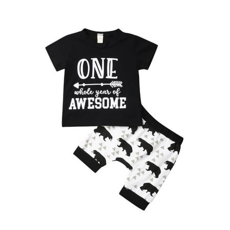 Bear Clothes Outfit - 0-2T Baby Boy Short Sleeve T-Shirt & Short Pants Outfit Letter Print Black Tops Bear Print Pants Summer Clothing Set