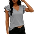 thumbnail image 3 of Pounoo Striped Tops for Women V Neck Short Sleeve Ruffle Cuff Blouses Beach Casual Lightweight Tunics Gift, 3 of 6