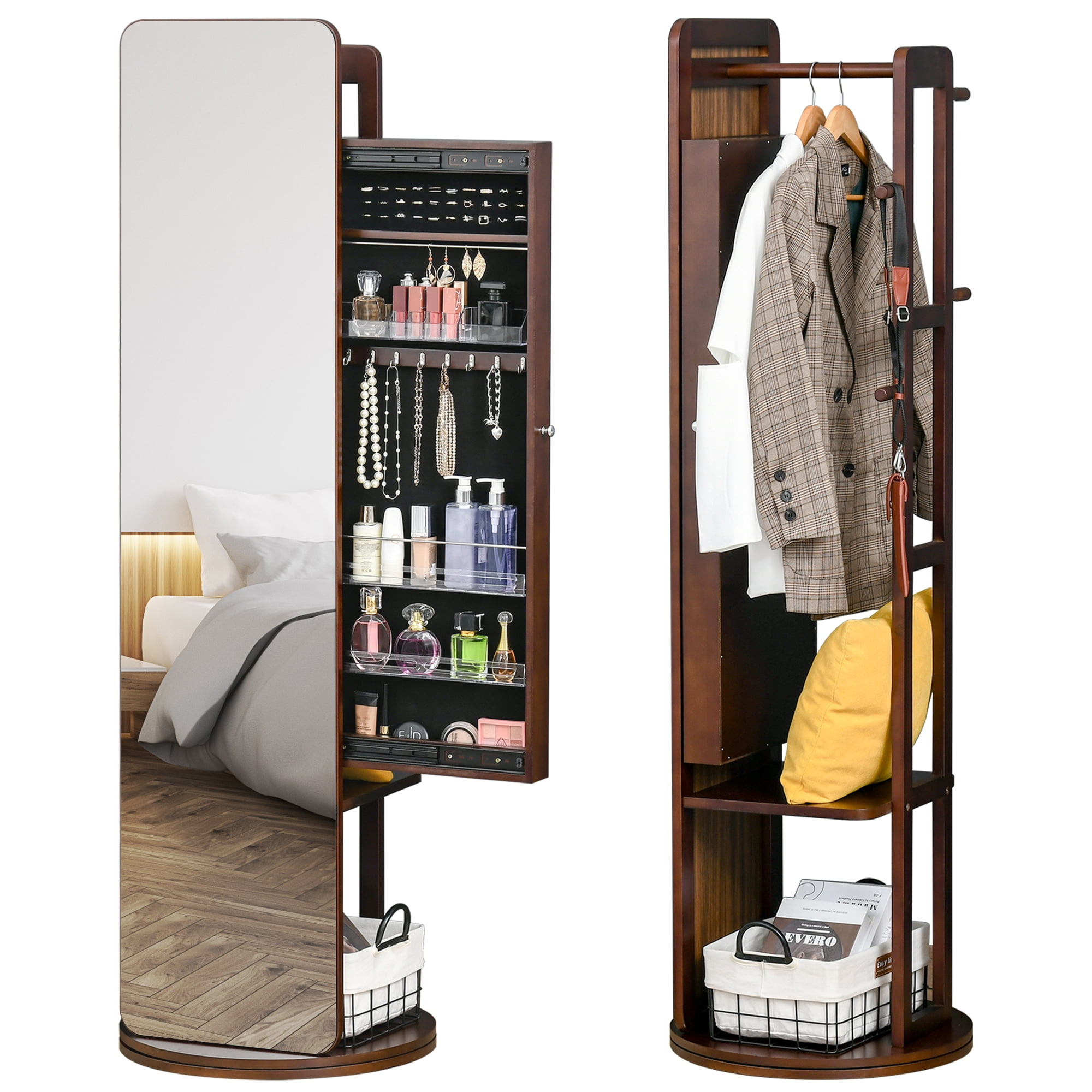 Homcom Full Length Mirror With Jewelry Cabinet Hanging Cloth Bar Coat