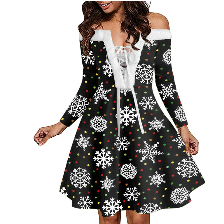 Tarmeek Long Sleeve Christmas Dresses for Women Holiday Dresses Plus Size  Snowflake Printed Off the Shoulder Mini Dress Cocktail Party Dress Swing  Dress for Xmas Party ,Christmas Gifts for Women 