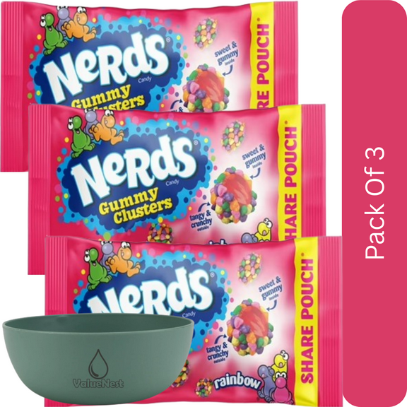 NERDS Gummy Clusters Candy, Rainbow, Crunchy & Gummy, 3 oz Bag-3pk, With Olive Green Bowl By ValueNest