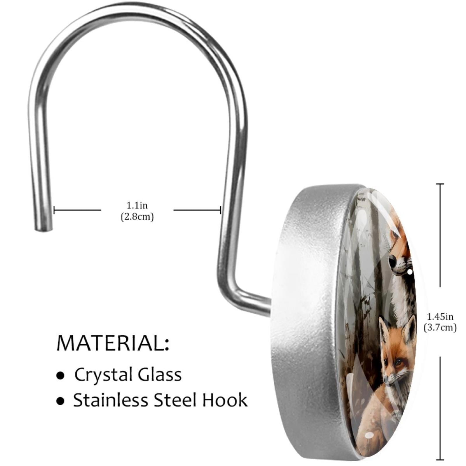 Little Fox Cub and Mother Shower Curtain Hooks Round Crystal Glass, Set of 12 Shower Curtain Rings - Shower Hooks for Curtain Shower Rings