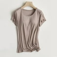 thumbnail image 2 of T Shirts for Women Built In Bra Padded Active Short Sleeves Soft Pajama Casual Workout Shirts Womens Tops Khaki M, 2 of 5