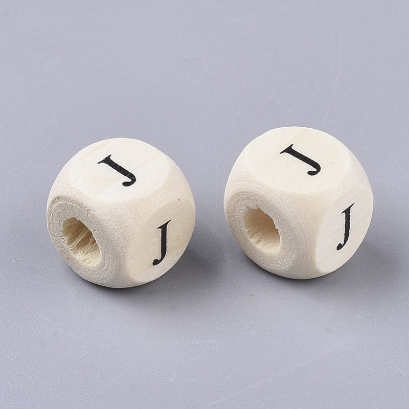 Printed Natural Wood Beads Horizontal Hole Cube with Initial Letter PapayaWhip Letter J 10x10x10mm Hole: 3.5mm about 950~1000pcs/500g