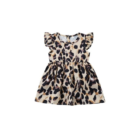 

Baby Girls Summer Fall Outfit Leopard Dress Casual Round Neck Fly Sleeve A-line Dresses