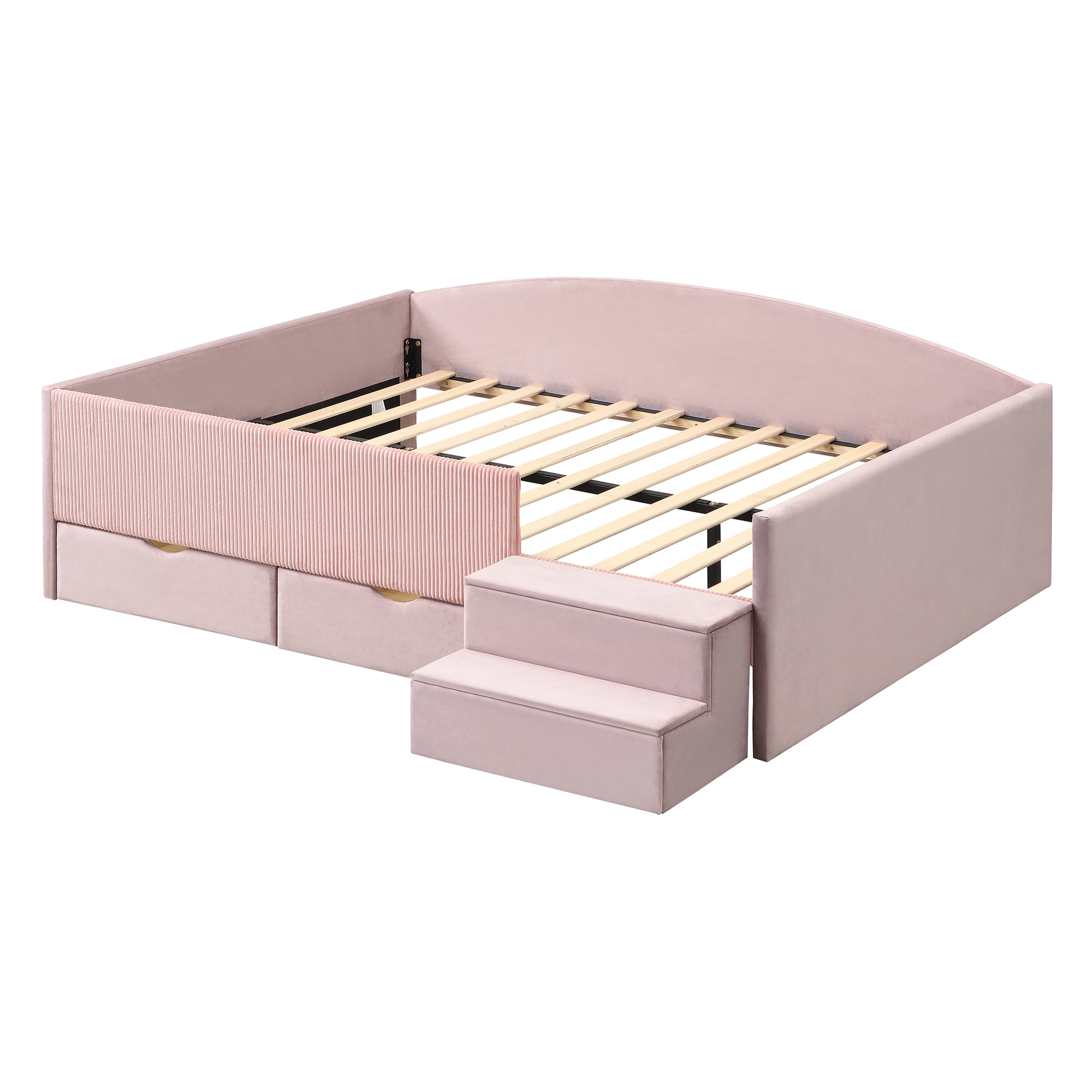 Mintazer Full Size Cute Upholstered Floor Daybed Frame with Safety Guardrail & 2 Storage Drawers & Stairs for Teens Kids, Pink