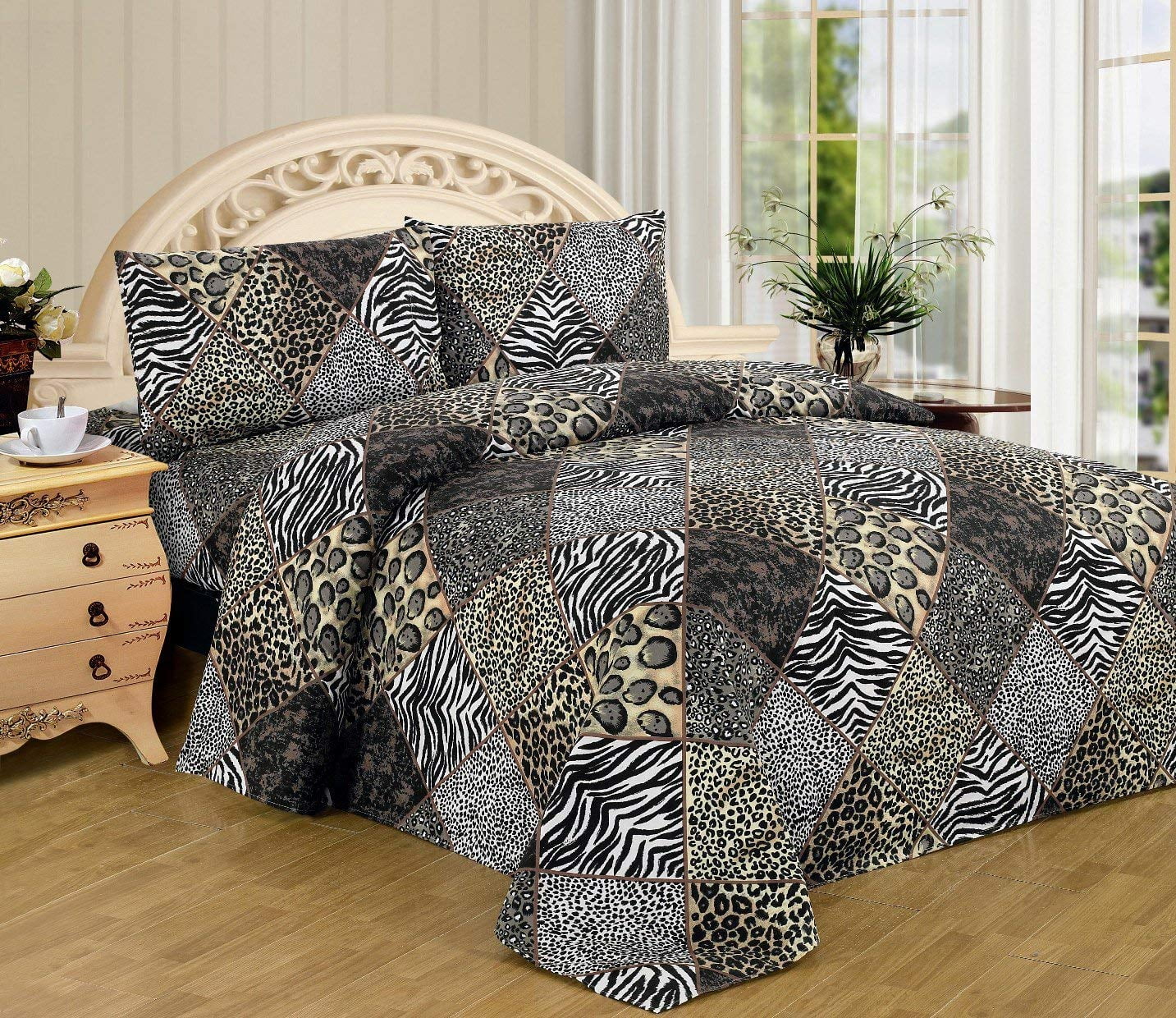 NEW TAN ZEBRA PRINT MICRO FLEECE SHEET SET FULL FITTED 2 CASES TAUPE FLAT 