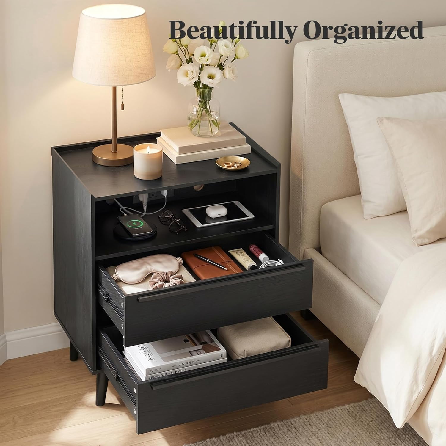 26" Tall Black Nightstand Set of 2 with Charging Station, 2 Drawer Modern Bedside Tables with Tray Top, USB & Type-C Ports and AC Outlets for Bedroom or Living Room