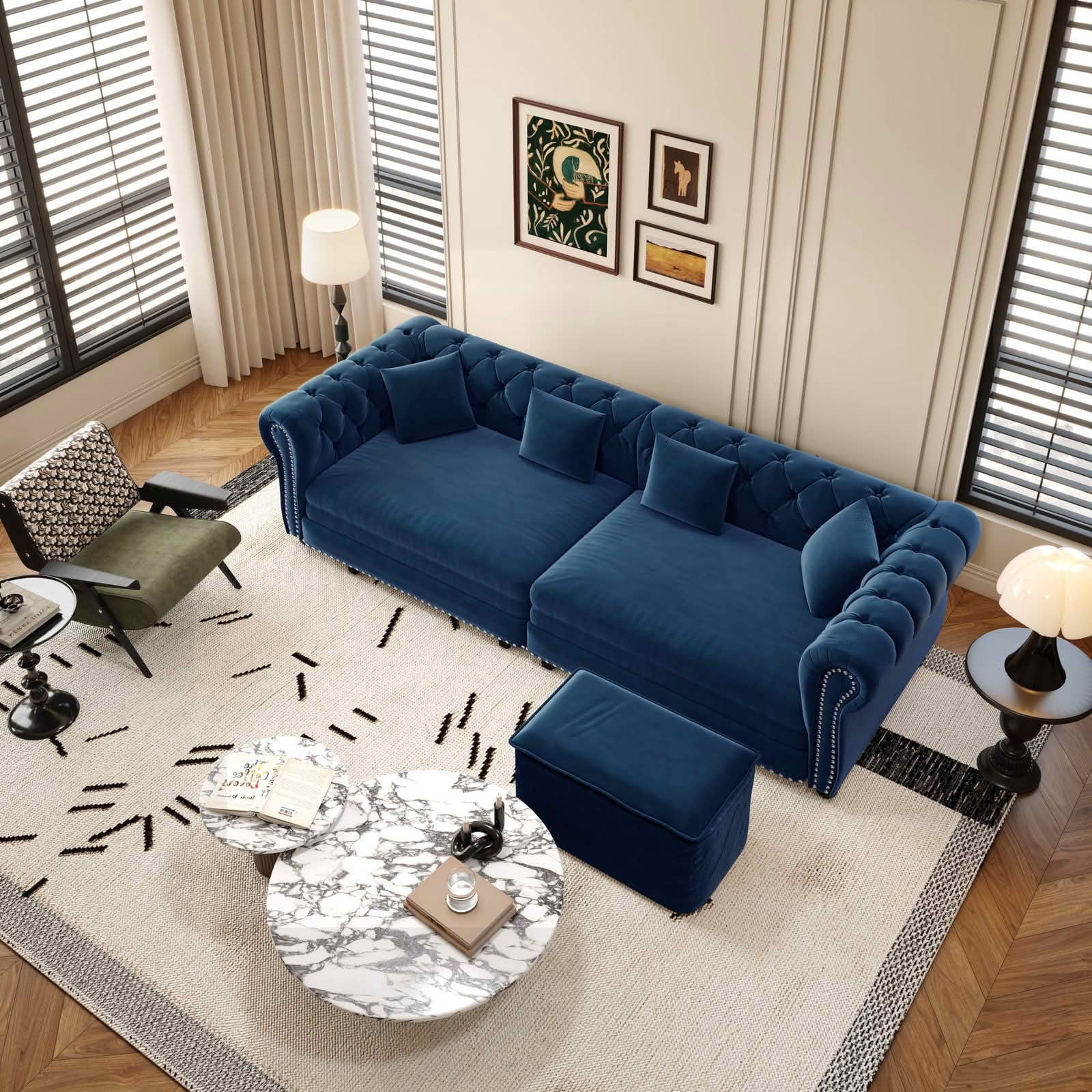 MAYEERTY 89" Chesterfield 3‑in‑1 Pull‑Out Sofa Bed, Tufted Velvet 3‑Seater Couch with Movable Ottoman, King Size Sleeper Chaise Lounge, 4 Pillows Included