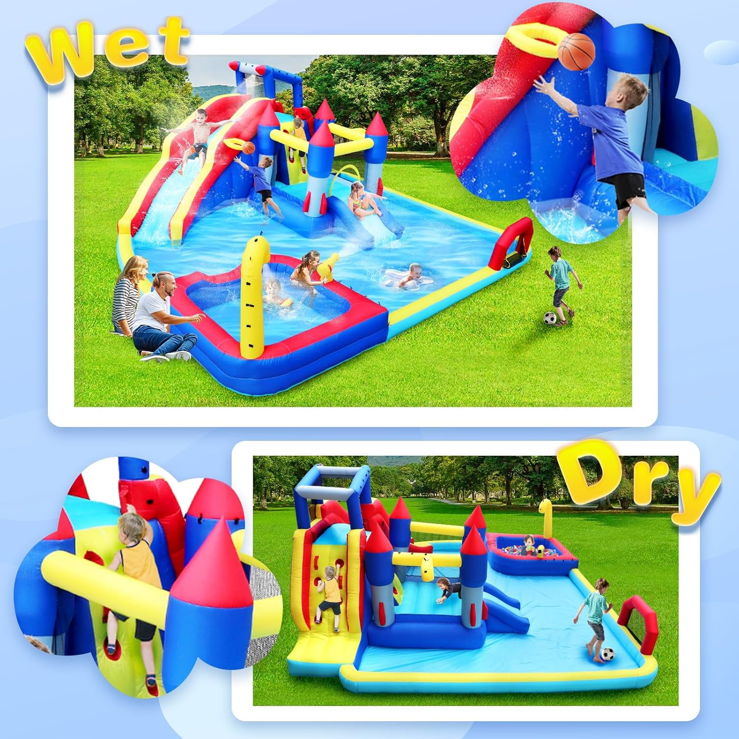 Acpouw 10 in1 Inflatable Water Slide for 3-12 Years, Bounce House with Climbing Wall, Ball Pool, Water Guns, Basketball Hoop, Soccer, Boxing Game, Indoor/Outdoor Kids Bouncy Castle with Blower