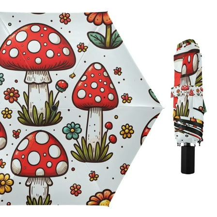 Cute Mushroom and Flowers Compact Sun Umbrella Windproof Travel Umbrellas for Rain Strong Portable UV Protection