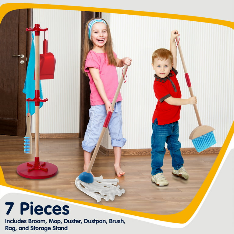 AOKESI 7 Piece Kids Cleaning Set, Wooden Detachable Cleaning Toys Includes  Broom Dustpan Mop Brush Duster Rag and Hanging Stand, Pretend Play  Housekeeping Tools Gift for Girls Boys, Red 
