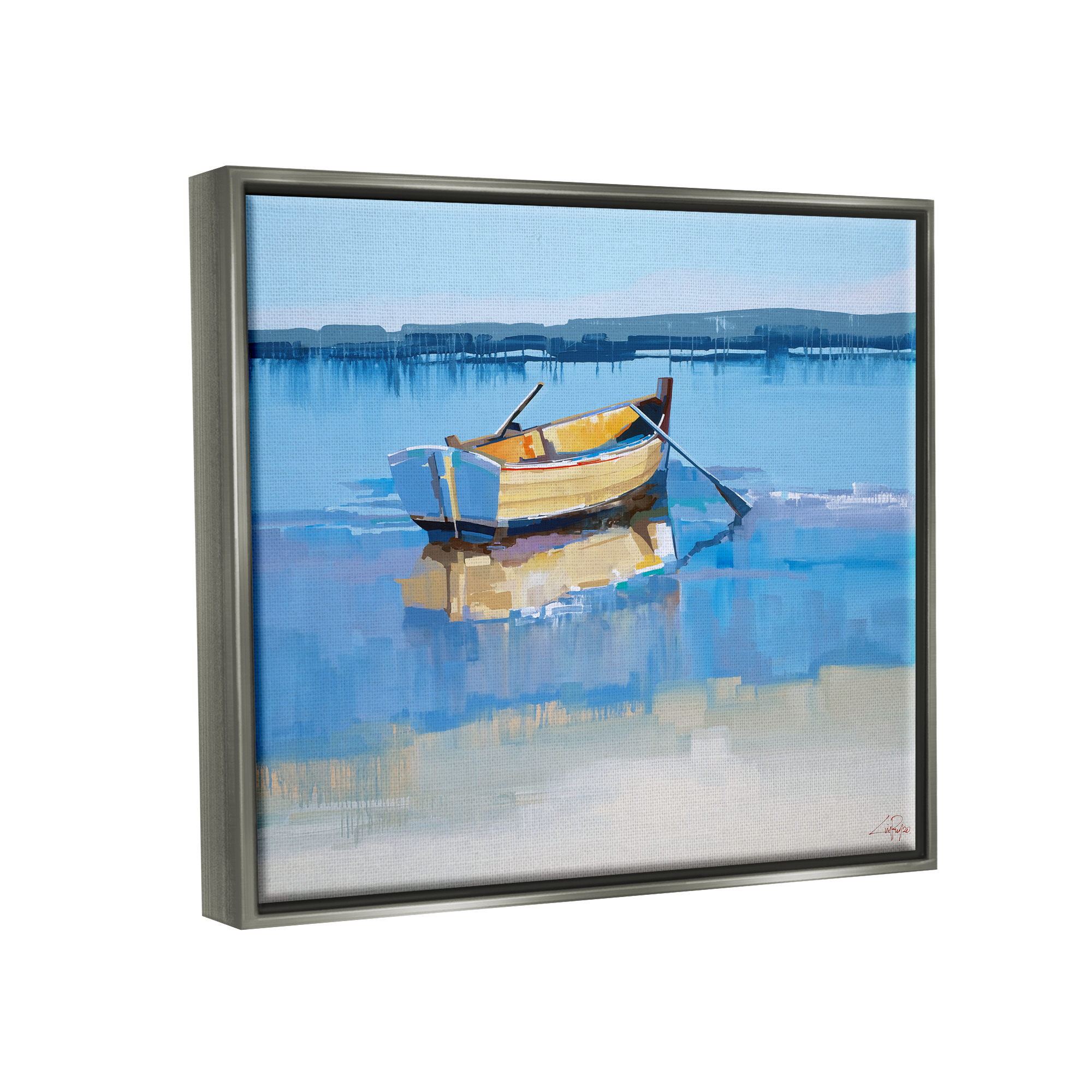 Stupell Industries Row Boat on Blue Coastal Shore Beach Landscape Luster Gray Framed Floating Canvas Wall Art, 16x20, by Craig Trewin Penny