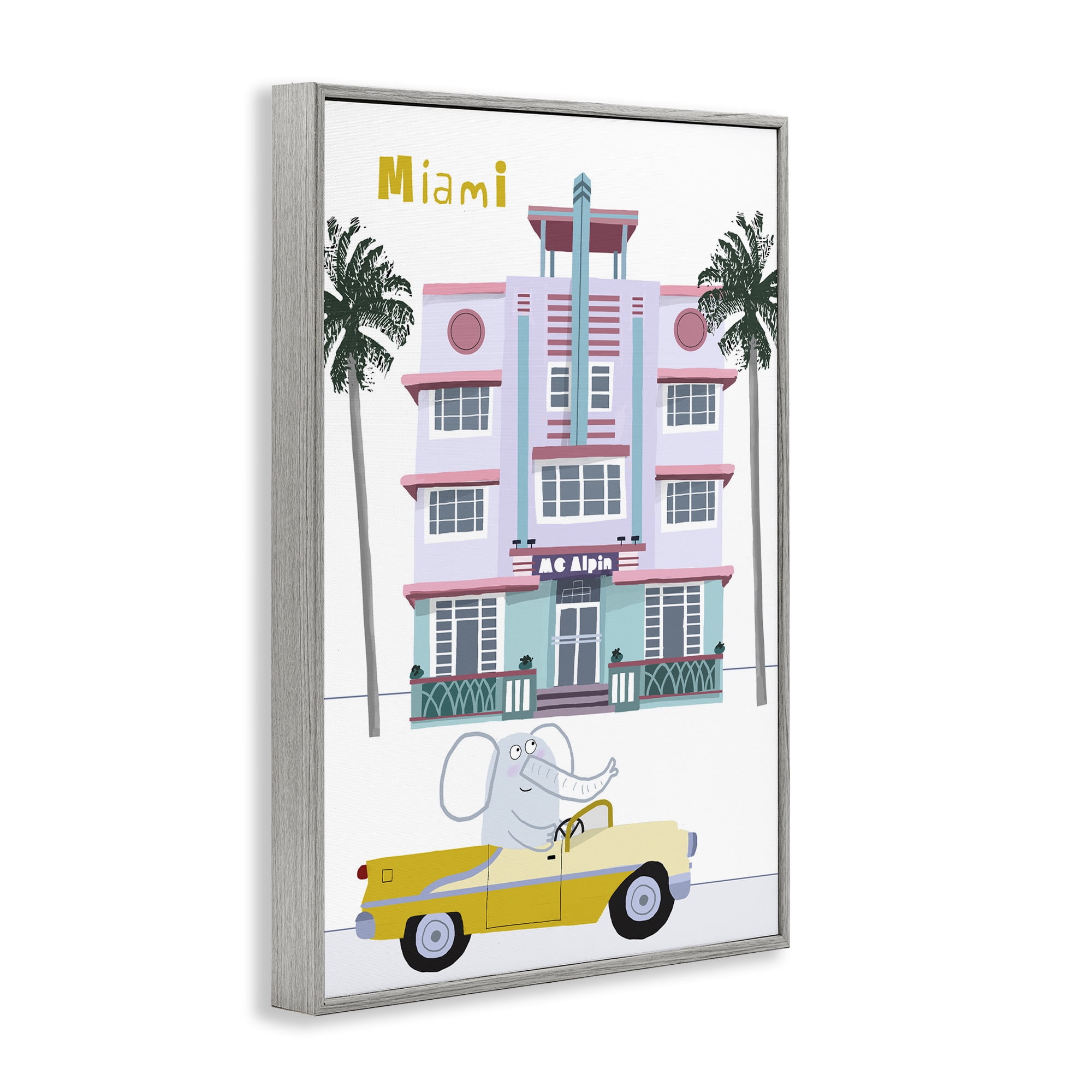 Elephant & Miami Hotel Gray Framed Giclee Art, design by Carla Daly