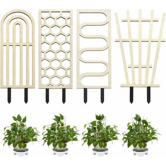 4 PCS Indoor Plant Trellises 4 Styles Blanched Almond Wooden Houseplant Trellis for Indoor Climbing Plants Mixed Shape Garden Trellis Plant Support for Ivy Flowers Outdoor Potted Plants