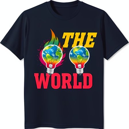 

Bold Black T-Shirt with THE WORLD Graphic Fiery Lightbulbs & Earth Design