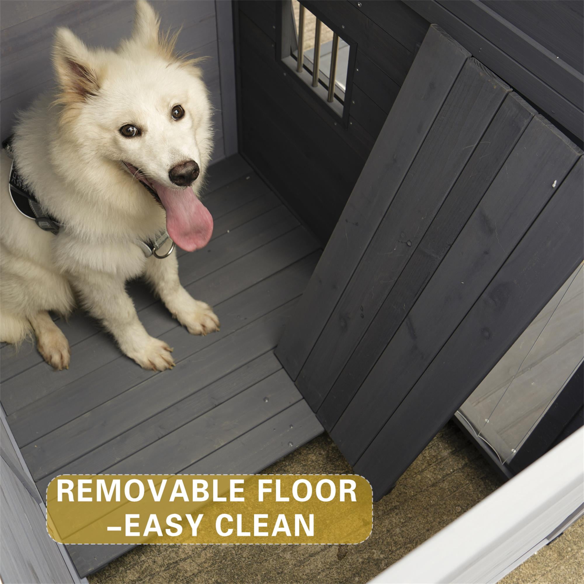 Pefilos 44" Wooden Dog House Outdoor Large Dog Kennel Weatherproof with Two Metal Bowls, Terrace for Small to Medium Dogs, Gray Pefilos 44" Wooden Dog House Outdoor Large Dog Kennel Weatherproof with Two Metal Bowls, Terrace for Small to Medium Dogs, Gray