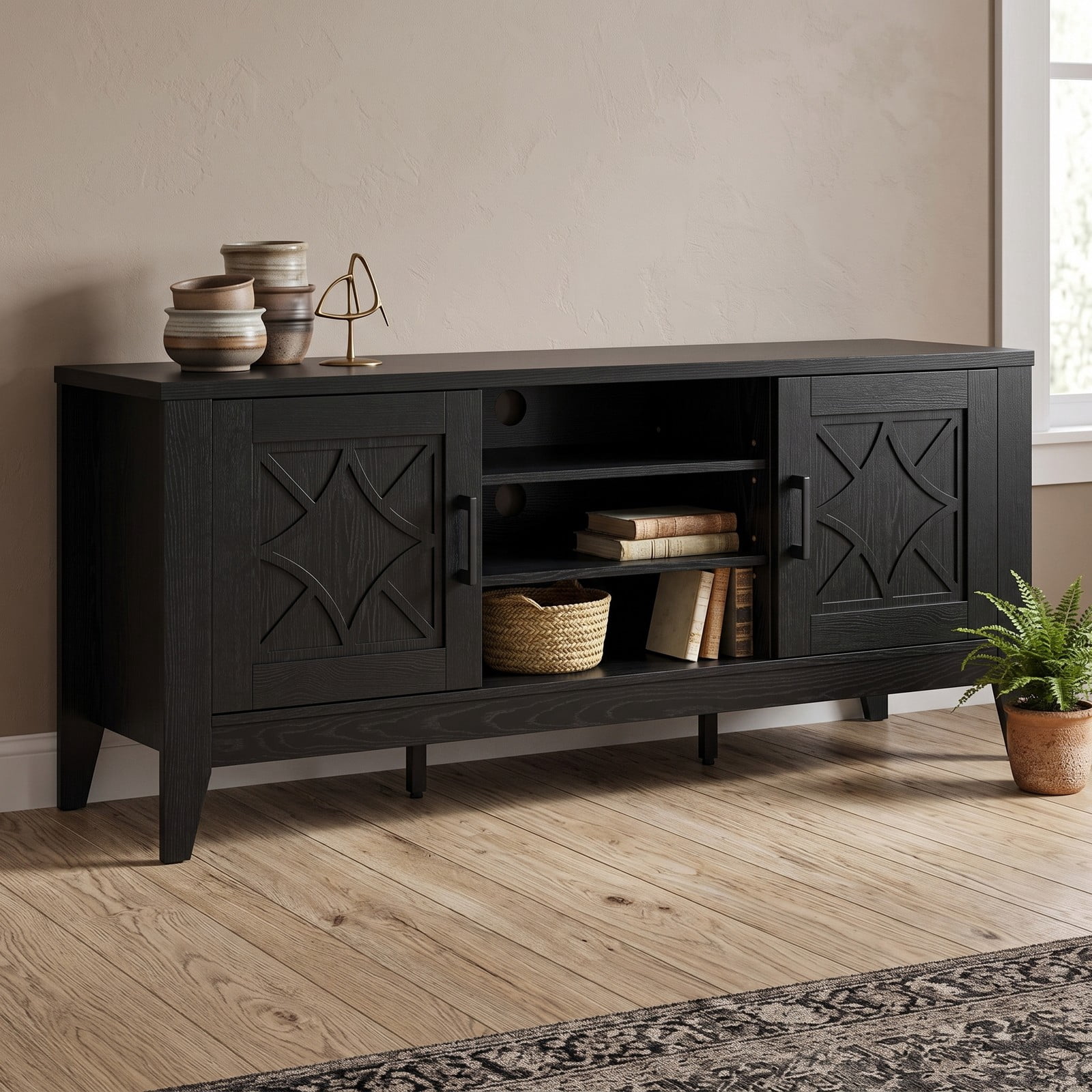Furnibear Farmhouse TV Stand for TVs Up to 65 Inches, Entertainment Center with 4 Adjustable Shelves, Glass Door Cabinets and Cable Management, Media Console, Black