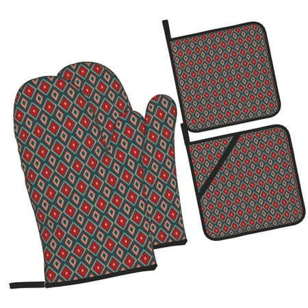 

Daiia Red And Orange On Blue Teal Pattern Oven Mitts and Pot Holders 4 pcs Set High Heat Resistant 500 Degree Extra Thicken Long Kitchen Cotton Oven Glove