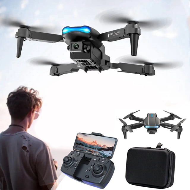 dron muyan con cámara fpv hd 1080p para niños y adultos, mini cuadricóptero rc negro en vista frontal en vuelo con cámara integrada bajo el fuselaje, luces LED azules, brazos plegables y hélices en movimiento; incluye control remoto con soporte para smartphone y estuche de transporte, adecuado para prácticas de vuelo para principiantes.