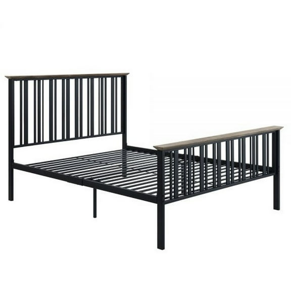 Nori Full Bed with Slatted Metal Frame, MDF Wood, Oak Brown and Black