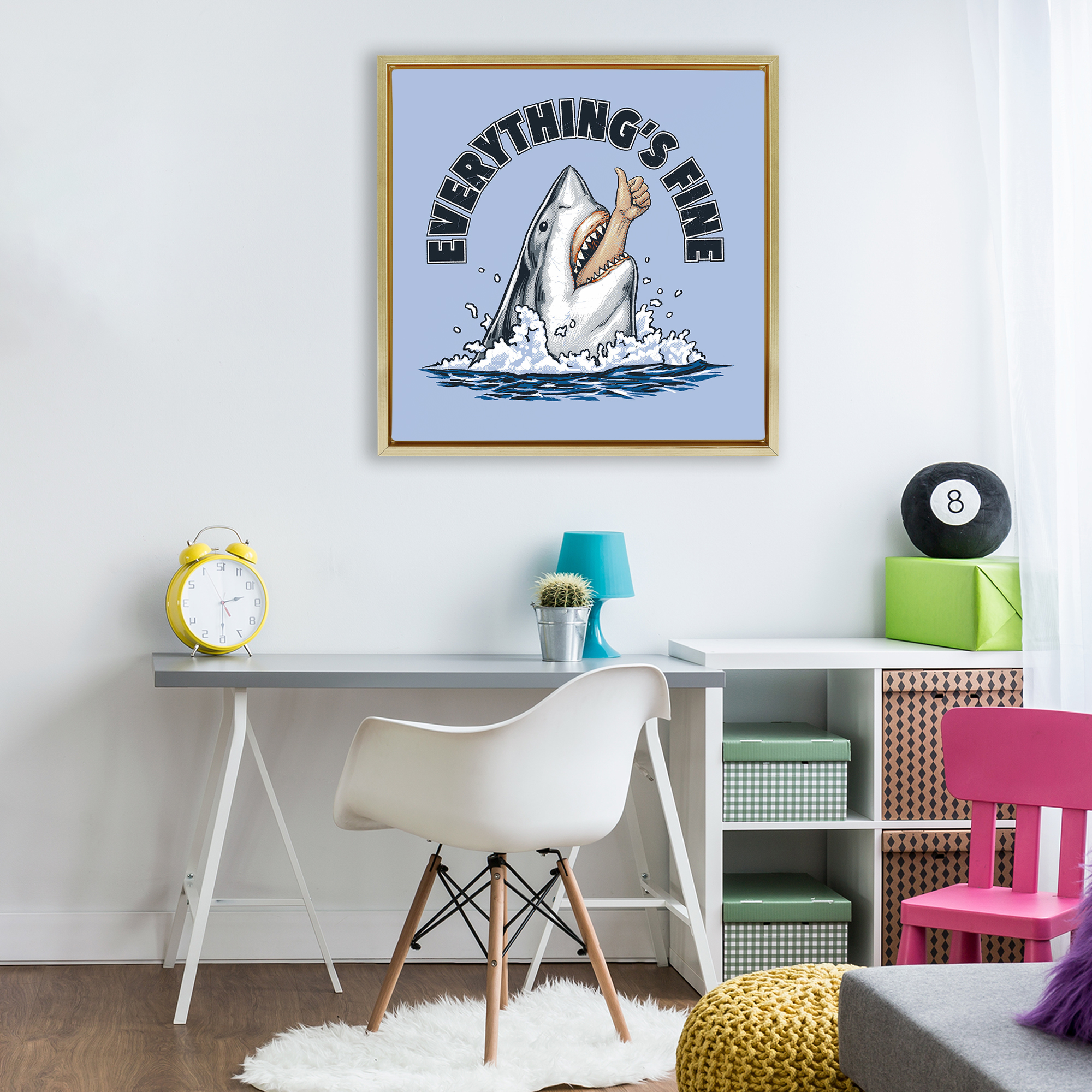 Everything's Fine Shark Bite Gold Framed Floater Canvas Wall Art, design by Jedco Brands Inc.