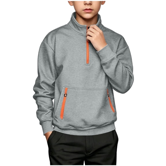 Cethrio Boys Half Zip Sweatshirts Size 14, Pullover Long Sleeve Fleece Lined Casual Fall Tops with Pockets Gray