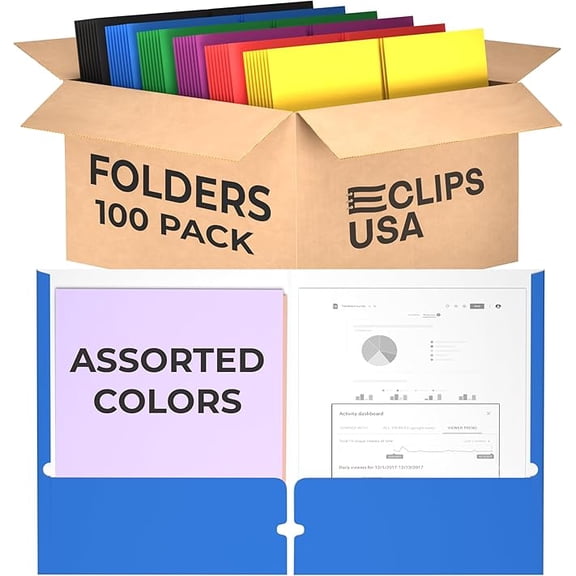 VEEBOOST Durable Letter Size 2-Pocket Folders, Assorted Colors, 100 Count