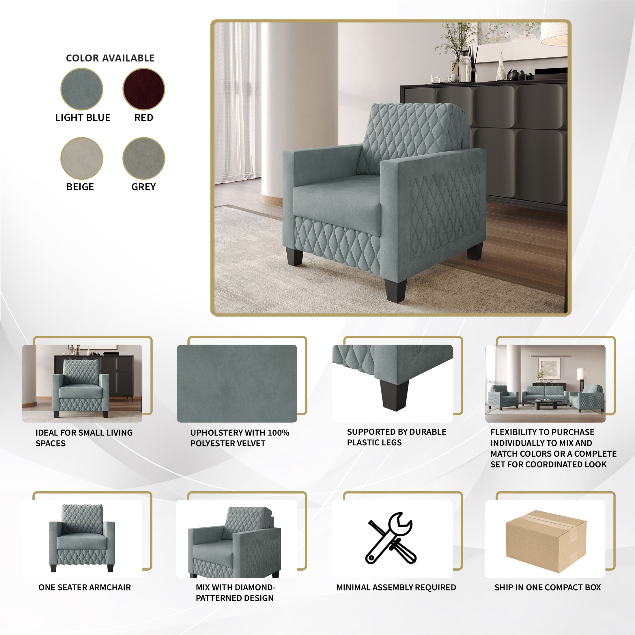 Castle Place Modern Luxe Velevet Diamond Tufted Upholstered Chair, Light Blue