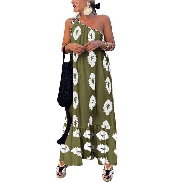 Vestido PRETTYGARDEN Maxi Floral Verde Militar de Un Solo Hombro S