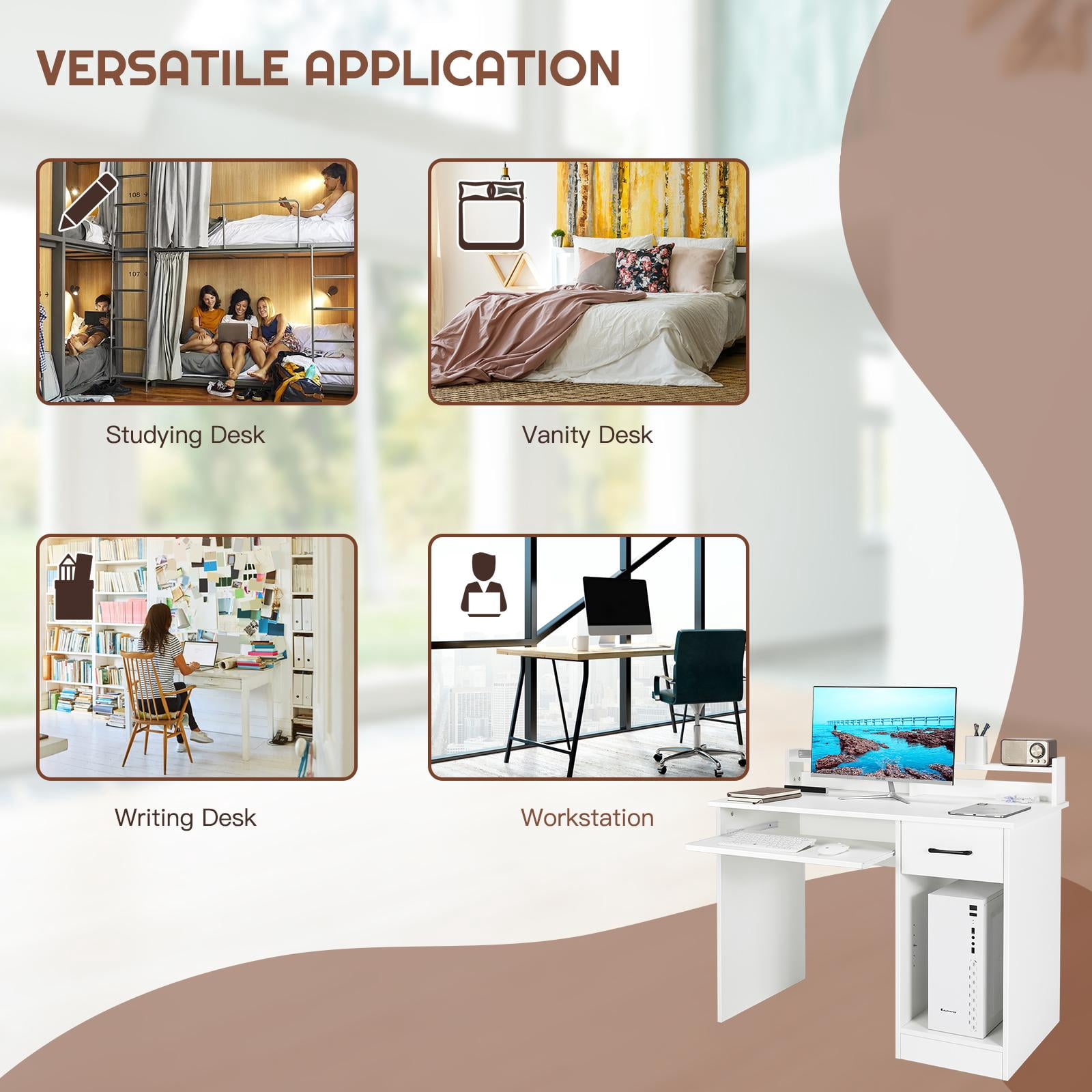 Giantex  Computer Desk, Home Office Desk w/Adjustable Shelf & Keyboard Tray, tudy Writing Desk, White