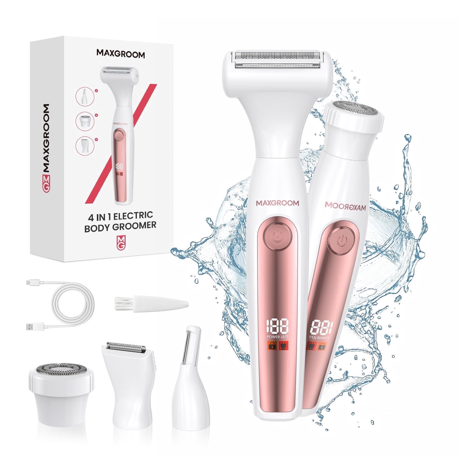 MAXGROOM 4-in-1 Bikini Trimmer Electric Razors for Women, IPX6 Waterproof Rechargeable Groomer, LED Display, Face Shaver and Body Hair Trimmer for Bikini Line, Pubic Hair, Underarms, Gifts for Women