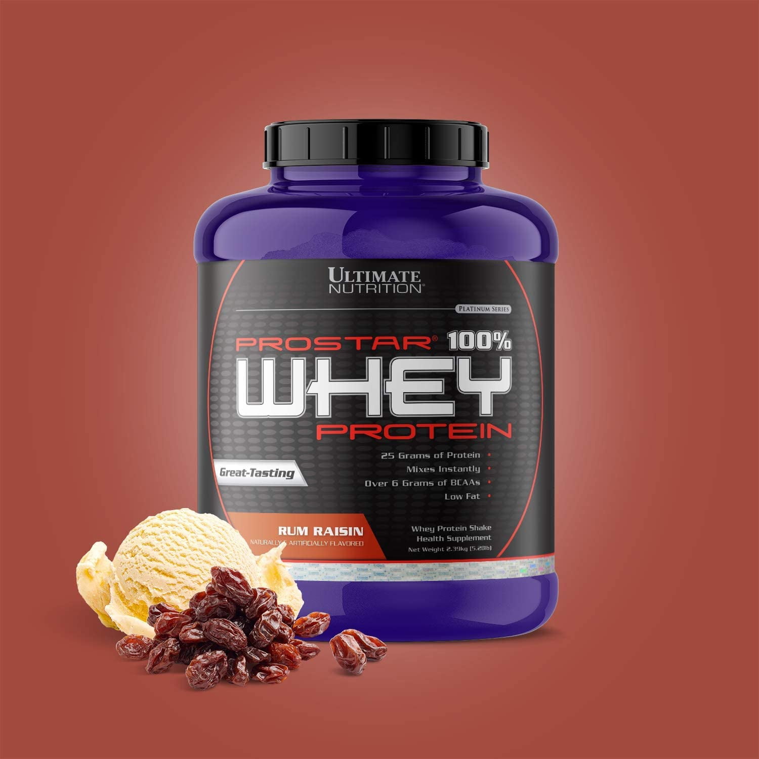 Ultimate Nutrition Prostar Whey Protein Powder, Low Carb Protein Shake with Bcaas, Blend of Whey Protein Isolate Concentrate and Peptides, 25 Grams of Protein, Keto Friendly, 5 Pounds, Rum Raisin
