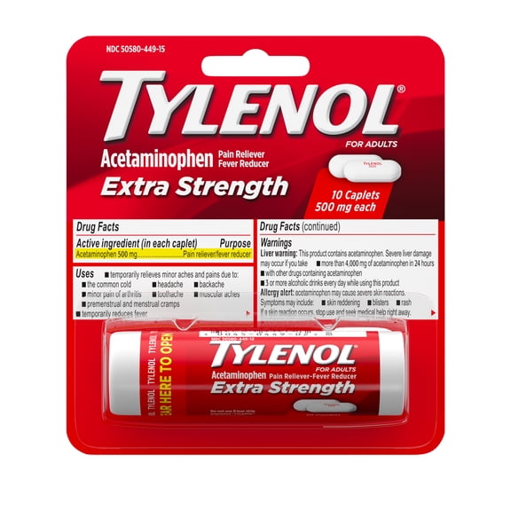 Tylenol Extra Strength 500mg Acetaminophen Caplets, Travel Size, 10 Count