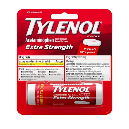 Tylenol Extra Strength 500mg Acetaminophen Caplets, Travel Size, 10 Count