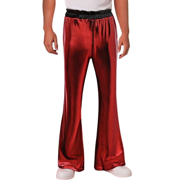 Wdgfv Mens Metallic Glitter Wide Leg Trousers Performance Shiny Disco Pants Red L