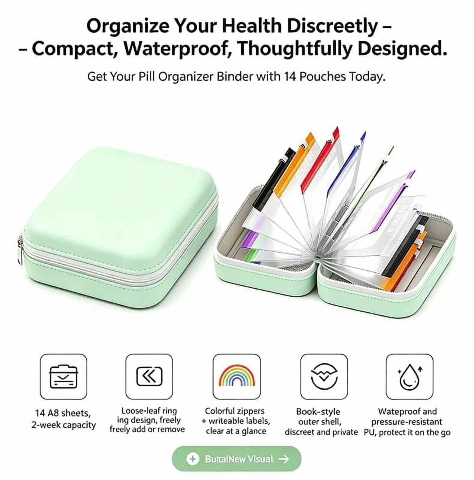 Waterproof Pill Pouch Set-14pcs Bags Inside,A8 Waterproof Pill Organizer Set,7 to 14 Days of Meds & Medicine Crush-Resistant Shell