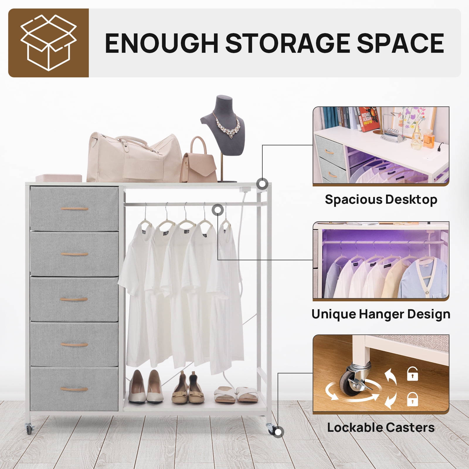Walsport Dresser for Bedroom with Clothes Rack, 5 Drawers Dresser with Charging Station & LED Lights,Storage Chest of Drawers with Wheels, Wooden Top, Lockable Wheels, Bedroom, Closet(White)