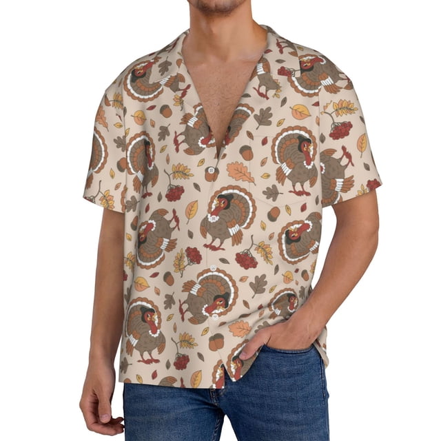 Fotbe Cute Autumn Turkey Camisa Estampada de Manga Corta para Hombre, Casual de Verano, Estilo Playero, Sin Arrugas-Large
