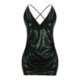 thumbnail image 4 of Busydd Women Dresses Trendy Solid Color Sequin Cocktail Dresses V Neck Spaghetti Strap Party Dress Sleeveless Pleated Mini Bodycon Dress, 4 of 7