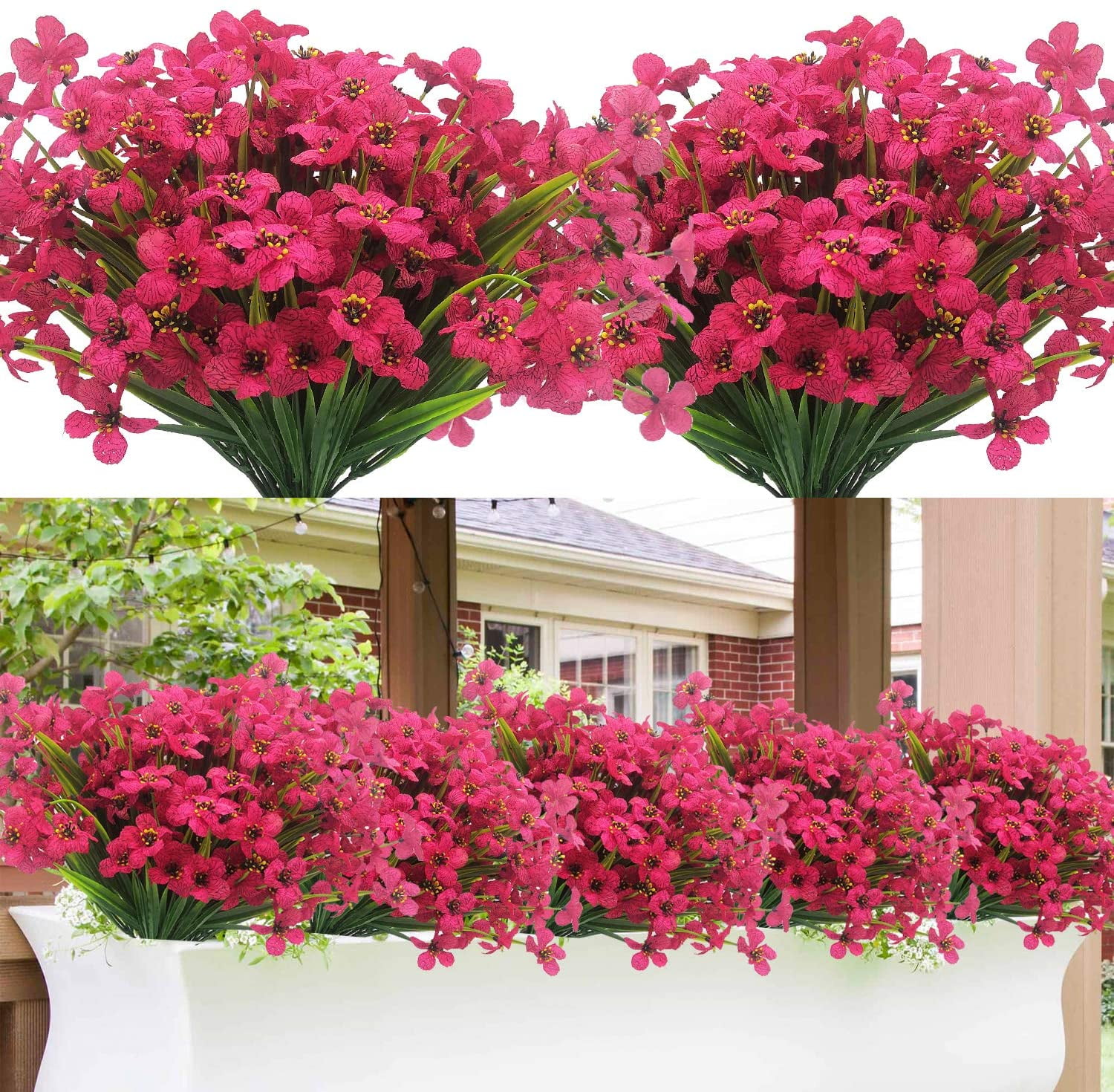 Red 10 Bundle Outdoor Artificial Flower UV Resistant Fake Flower No Fade Faux Flower Plastic Bouquet Hanging Plant for Indoor Outside Home Garden Porch Window Box Decor 