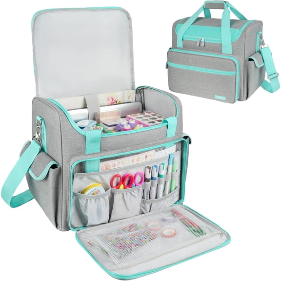 Jaffzora Large Scrapbook Craft Tote with 15.6" Laptop Sleeve, Art Supply Storage Bag with Pockets for Scrapbooking Tools, Gray