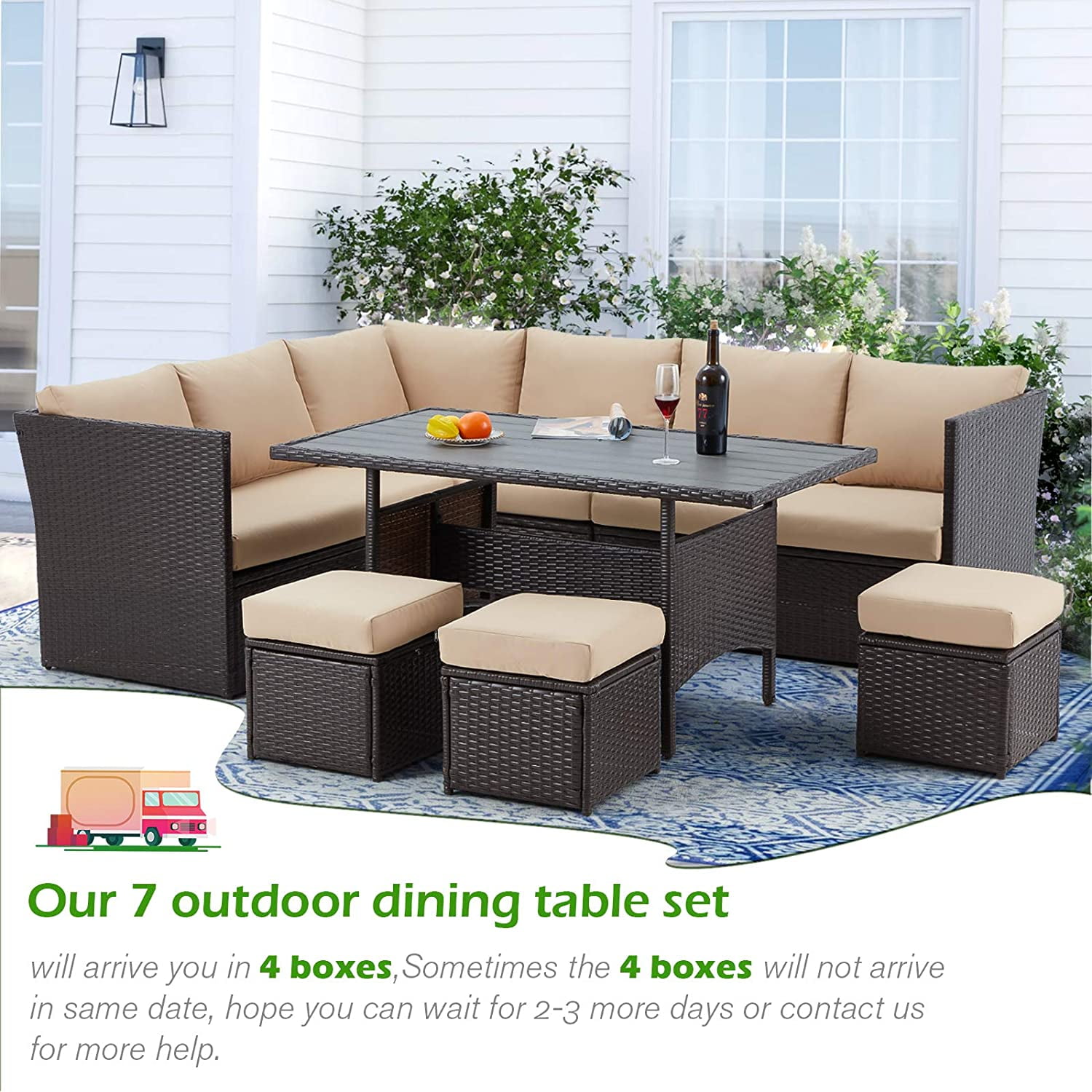 AECOJOY 7 Pieces Outdoor Rattan Sectional Sofa Couch with Dining Table and Protection Cover - Beige