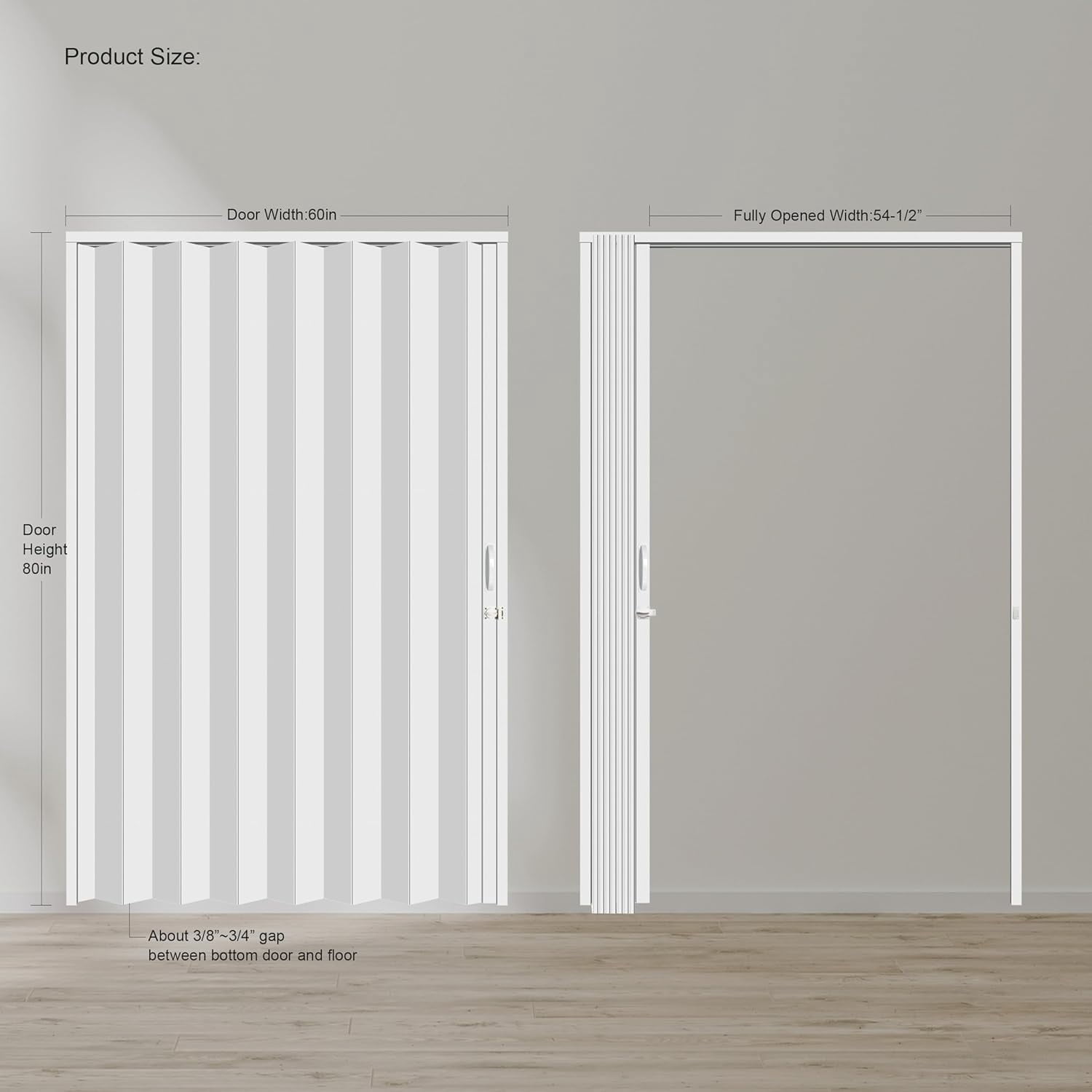 60"x80" White PVC Accordion Style Door - Space Efficient Sliding System for Bedrooms & Walk-In Closets