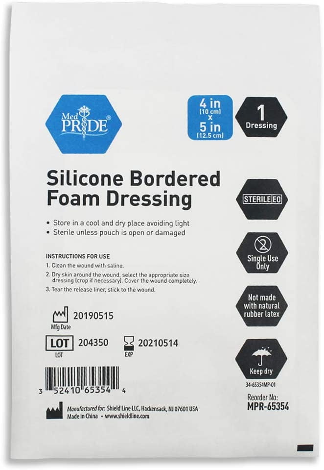 Med Pride Silicone Bordered Foam Bandages for Wounds 4x5 Inch, 10 pack Adhesive Sterile Silicone Foam Dressing