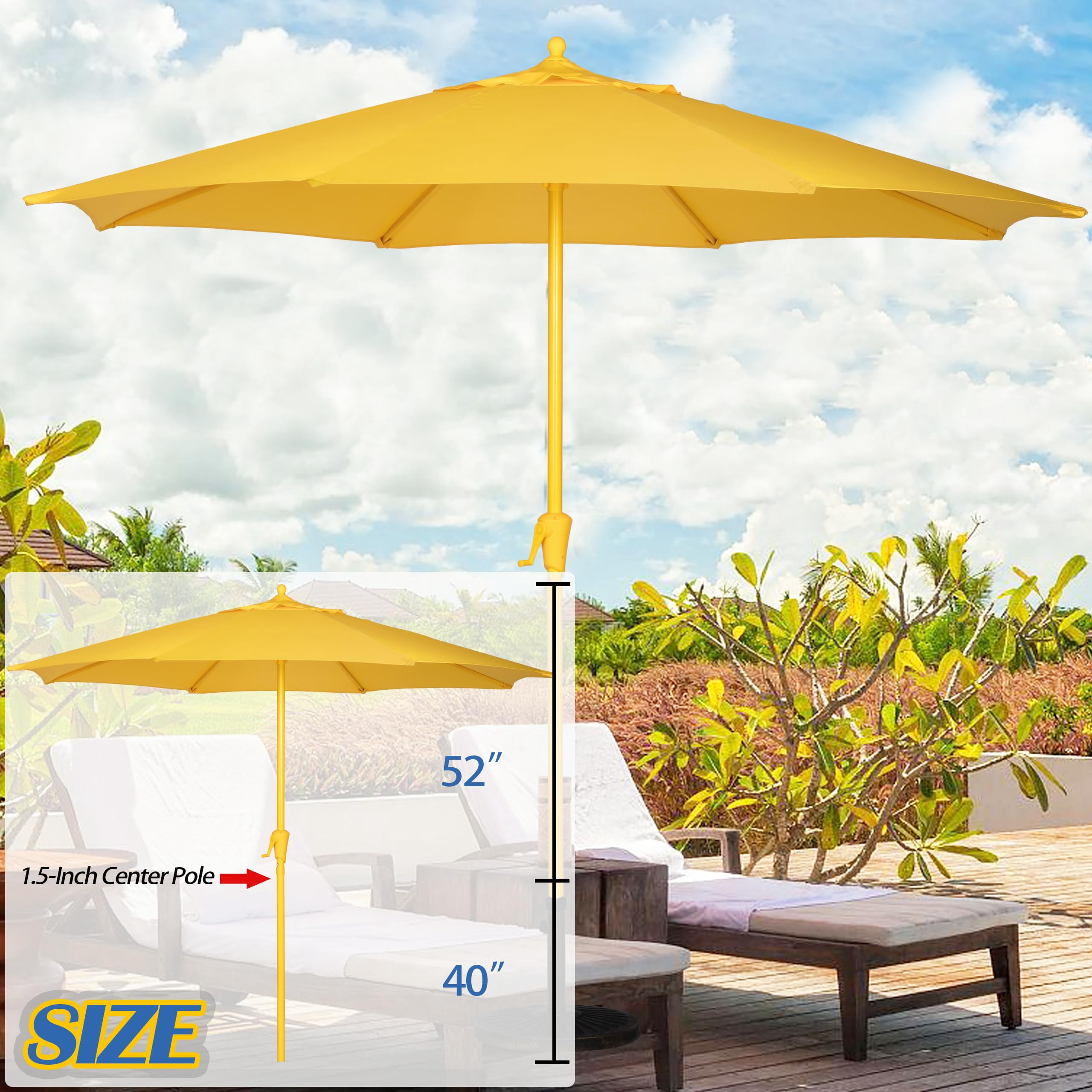 Bibana 9FT Outdoor Patio Umbrella, Market Table Umbrella with 8 Sturdy Ribs & Easy Crank System, Fade-Resistant Waterproof Canopy with Air Vent for Garden, Deck, Poolside & Backyard (Yellow)