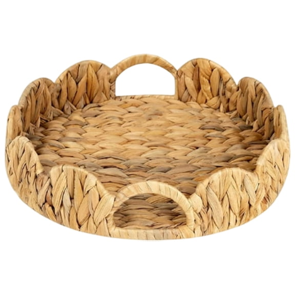 JHEHF Round Scalloped Tray with Handles Round Wicker Serving Trays for Coffee Table Rattan Basket Table Decor for Kitchen and Living Room